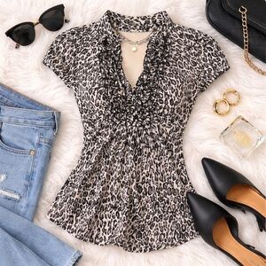 Leopard Print Ruffle Blouse Size M Black White Animal Print V-Neck Y2K Chic Top